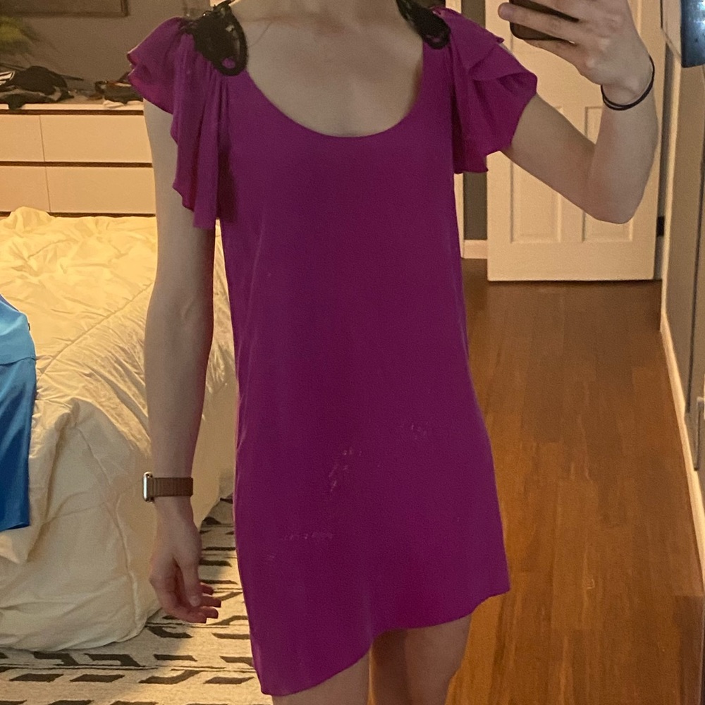 Hot Pink Sugarlips Silk Mini Dress with Black Lace Detail